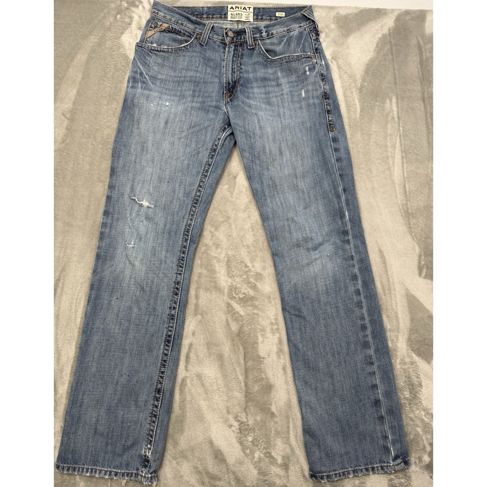 Ariat M4 Jeans Mens 31x34 Blue Denim Bootcut Stretch Distressed Western Cowboy
